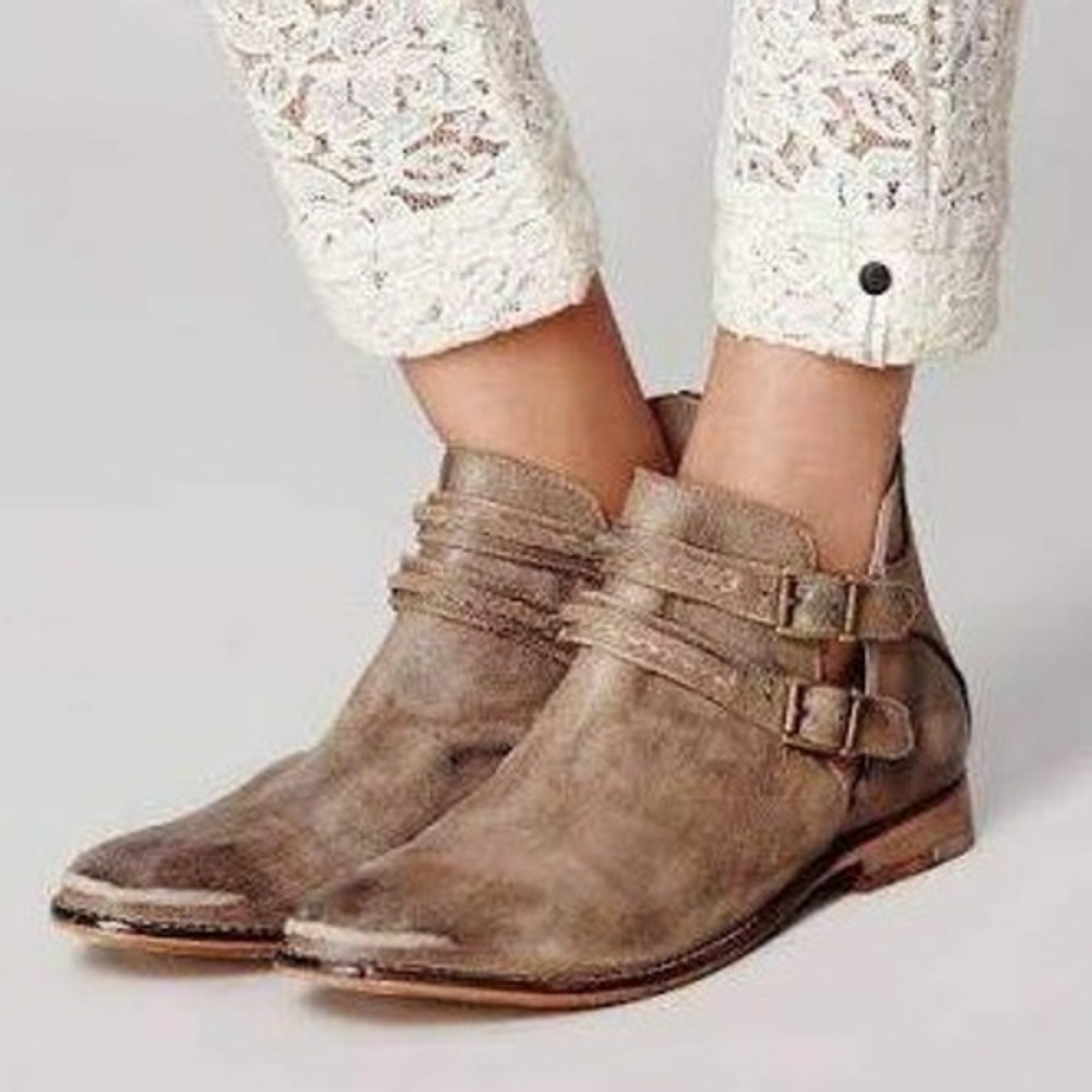 Free People 37 US 7 Braeburn Ankle Boots Booties Distressed Tan Leather Boho